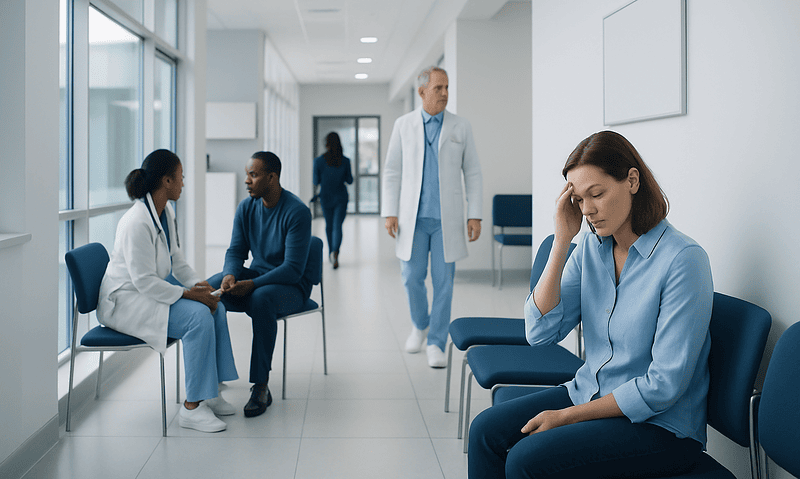 Patients waiting and consulting with healthcare professionals in a hospital corridor.