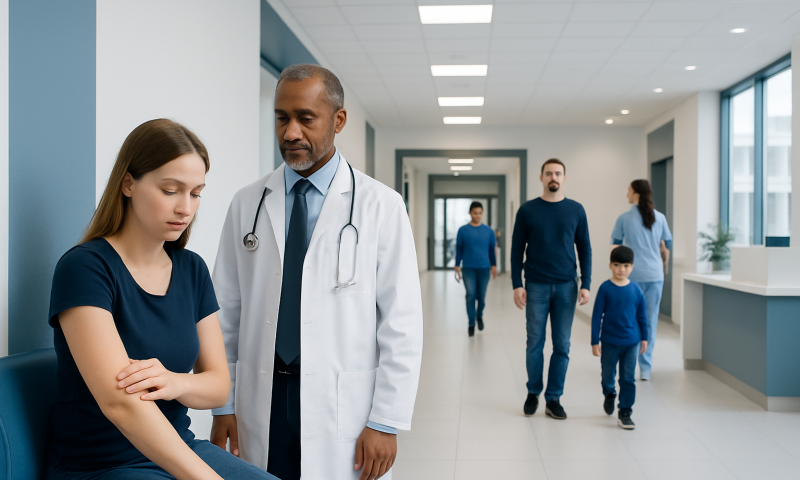 Doctor examining a young girl in a hospital corridor.