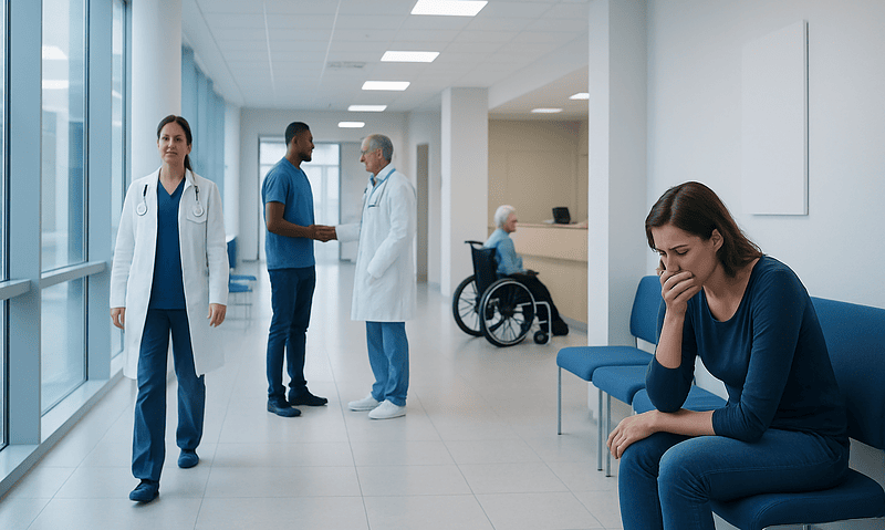 Patient experiencing nausea in hospital corridor with medical staff nearby.