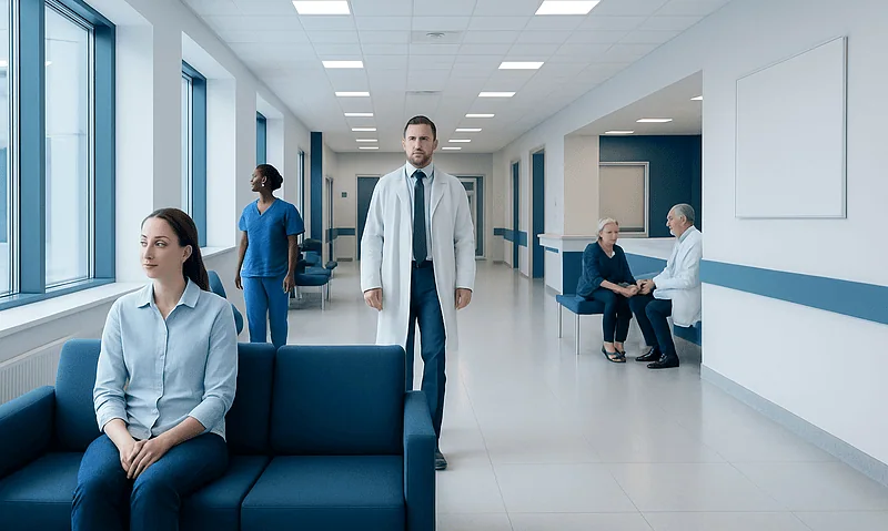 Medical professionals and patients in a modern hospital corridor.