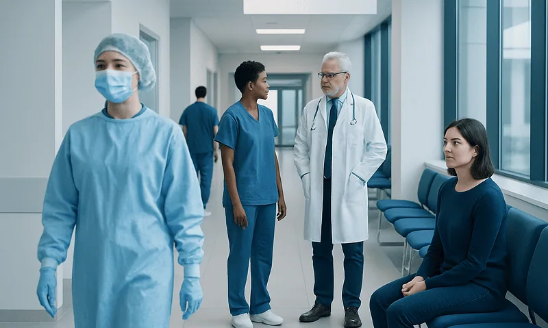 Medical team and patient in hospital corridor at Acibadem Hospitals Group.