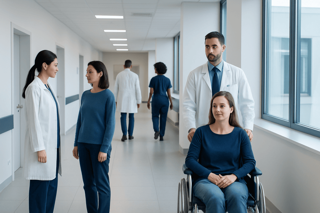 Spinal Muscular Atrophy — Explained by Medical Evidence, Not Myths 1 Medical team consulting with a patient in a hospital corridor.