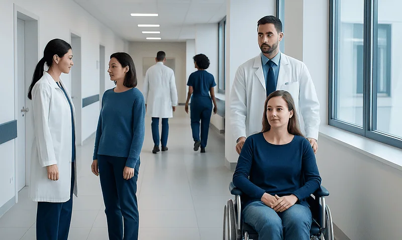 Medical team consulting with a patient in a hospital corridor.