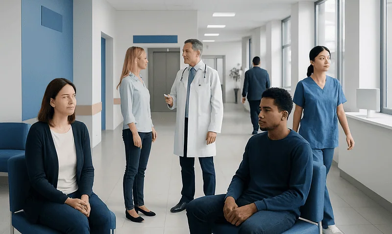 Medical consultation in a hospital corridor with patients and healthcare professionals.