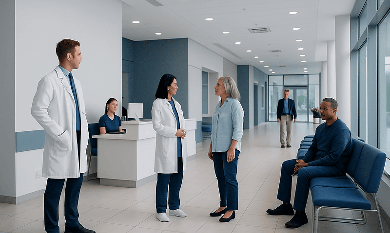 Medical professionals and patients in a modern hospital corridor.