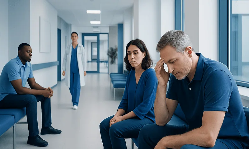 Patients waiting in a hospital corridor with a healthcare professional approaching.