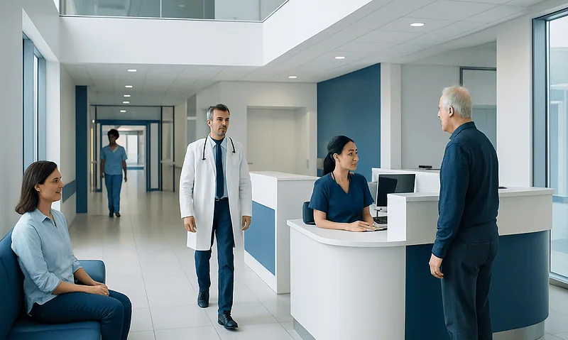 Modern hospital reception area with medical staff and patient.