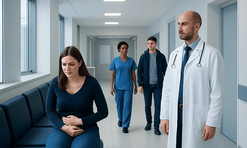 Patient experiencing stomach pain in hospital corridor with medical staff nearby.