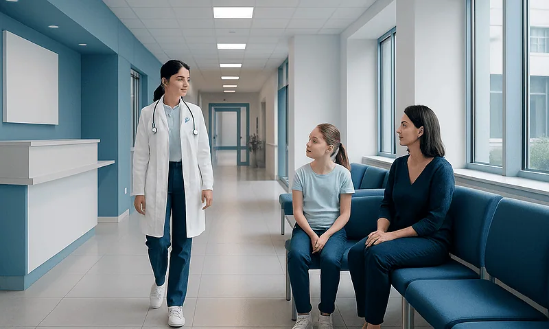 Doctor talking to a young girl and her mother in hospital corridor.