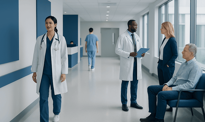 Medical professionals consulting with a patient in a hospital corridor.