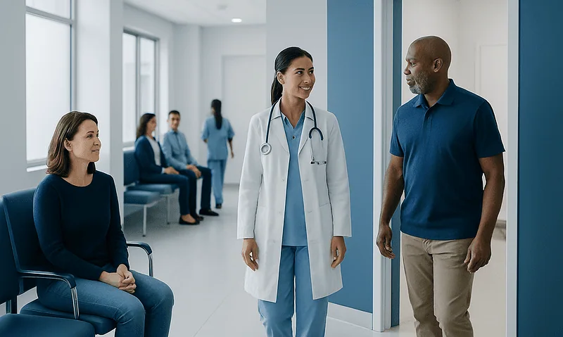 Doctor talking to patient in hospital corridor with waiting area.