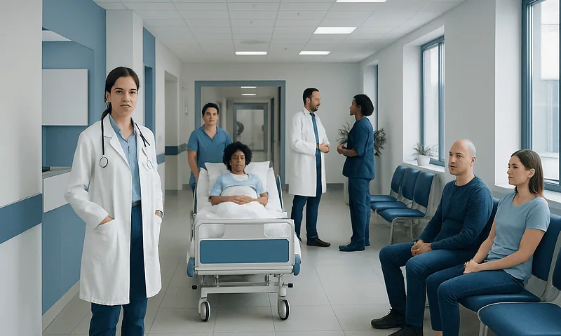 Medical team and patients in a hospital corridor at Acibadem Hospitals Group.