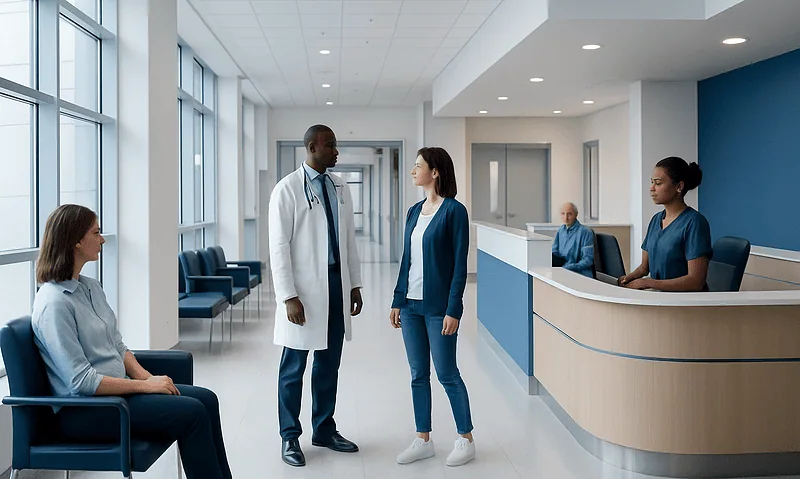 Medical staff and patient in hospital corridor at Acibadem Hospitals Group.