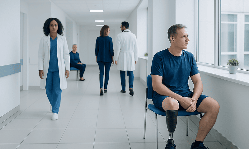 Amputation: What Patients Need to Know 2 Patient waiting in hospital corridor with medical staff nearby.