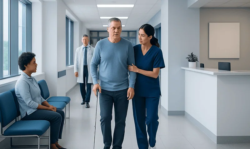 Patient walking with assistance in a hospital corridor with medical staff nearby.