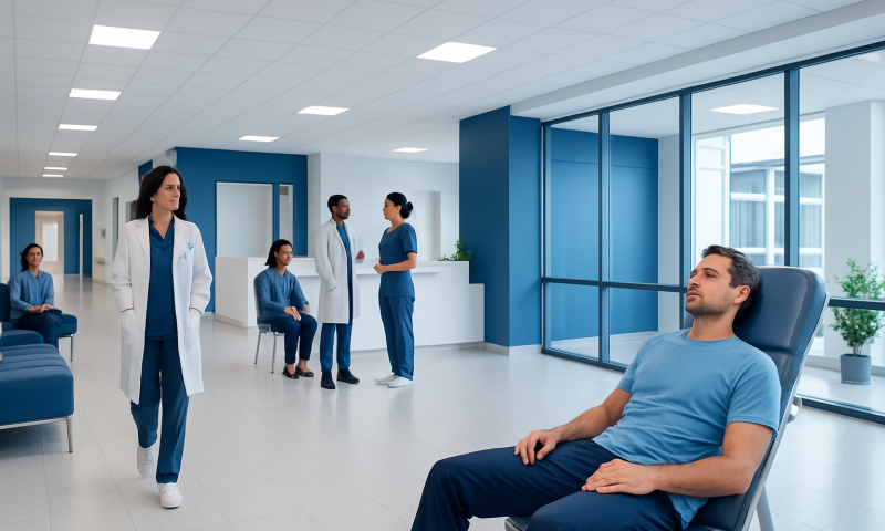 Patient in a hospital waiting area with medical staff and other patients.
