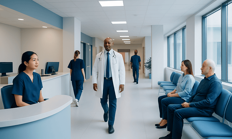 Healthcare professionals and patients in a modern hospital corridor.