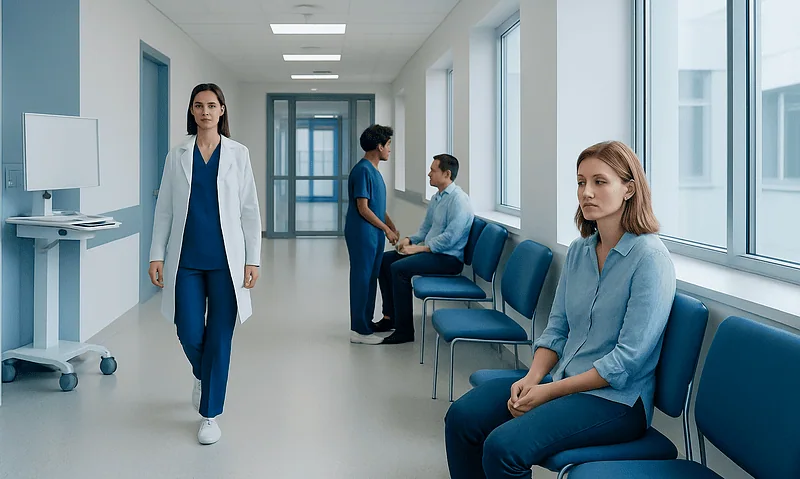 Young woman waiting in a hospital corridor with medical staff nearby.