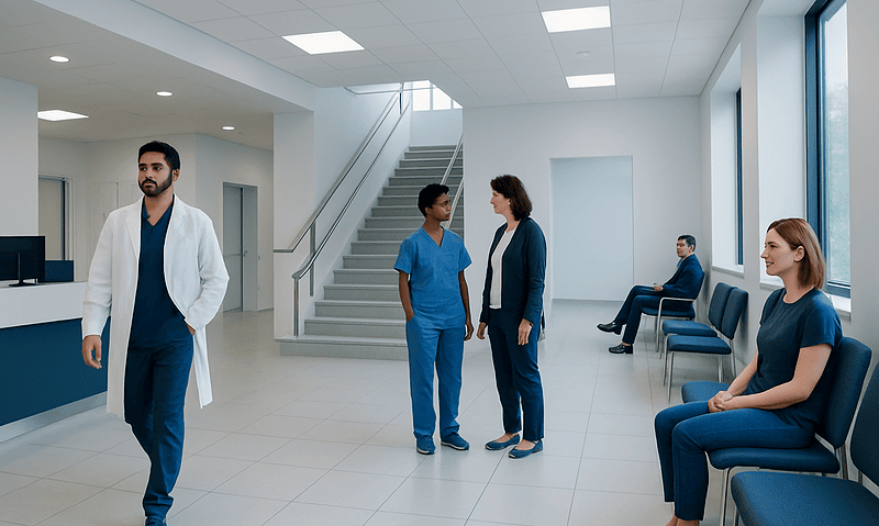 Modern hospital waiting area with medical staff and patients.