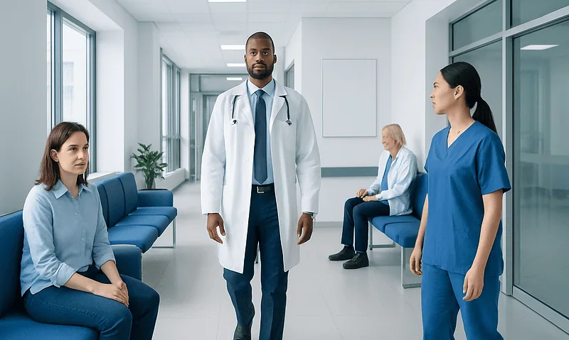 Medical professionals and patients in a hospital corridor at Acibadem Hospitals Group.