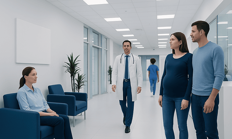 Pregnant woman and partner visiting hospital corridor with doctor present.