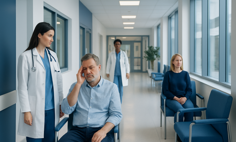 Patients waiting in a hospital corridor with medical staff nearby.
