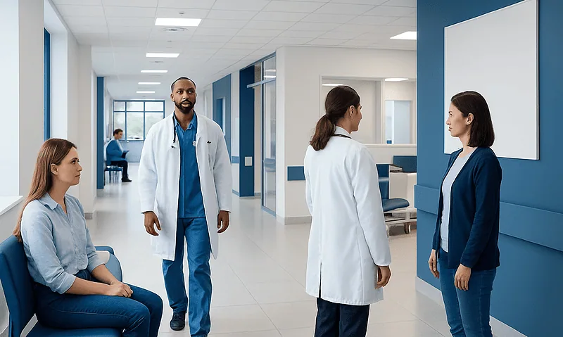 Medical team discussing patient care in hospital corridor.