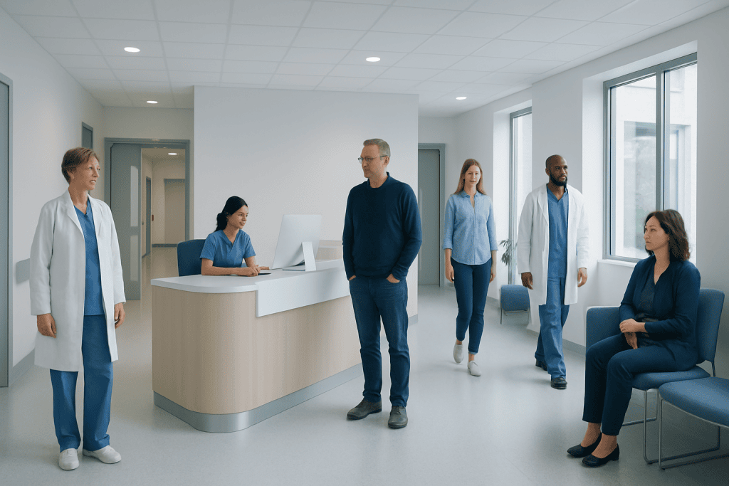 Burpees: A Complete Medical Overview 1 Medical team and patient in a modern hospital reception area.