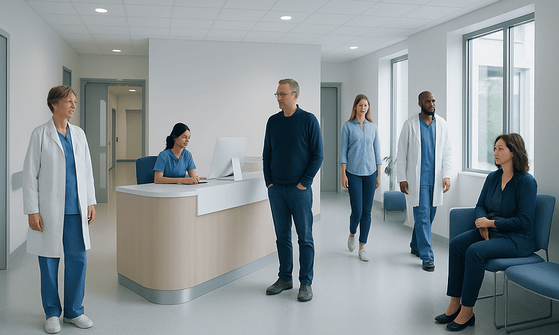 Medical team and patient in a modern hospital reception area.