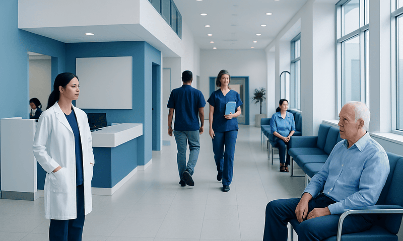 Modern hospital waiting area with medical staff and patients.