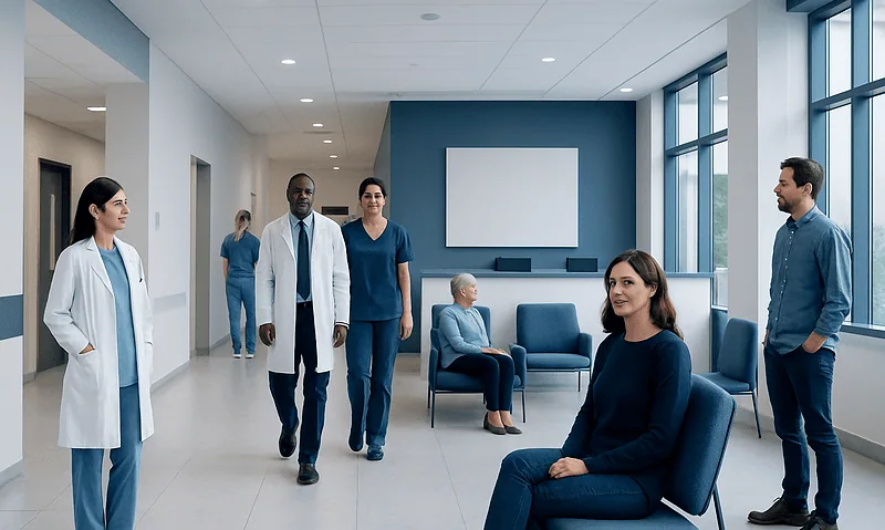 Medical team and patient in hospital waiting area at Acibadem Hospitals Group.