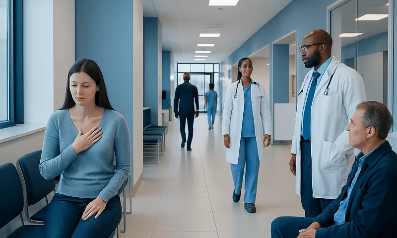 Patient experiencing chest discomfort in hospital corridor with medical staff nearby.