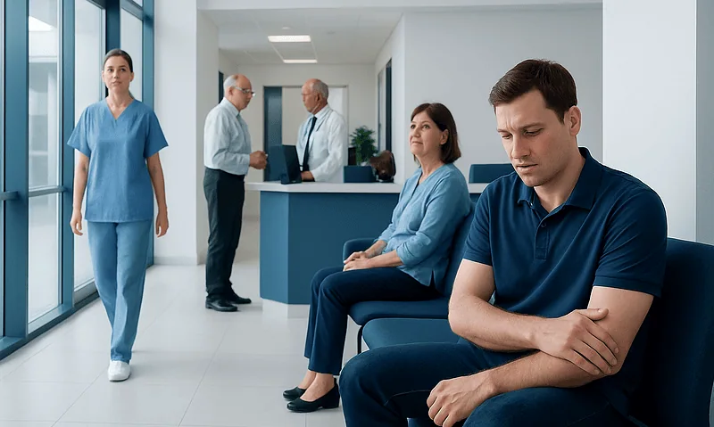 Patient waiting in hospital corridor with medical staff in background.