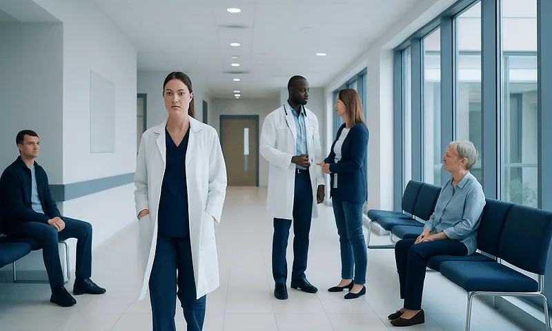 Medical team and patients in a hospital corridor at Acibadem Hospitals Group.