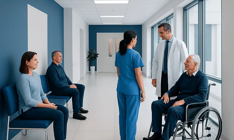 Medical consultation in hospital corridor with healthcare professionals and patient.