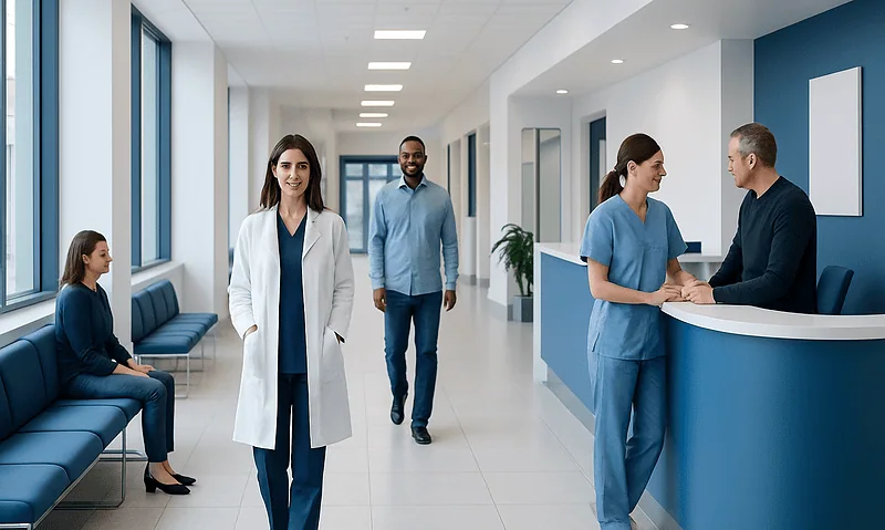 Healthcare professionals and patients in a modern hospital corridor.