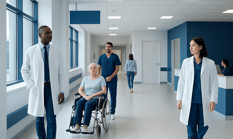 Medical team and patient in hospital corridor at Acibadem Hospitals Group.