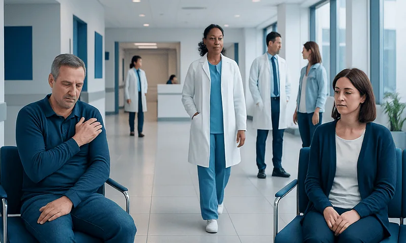 Patients waiting in a hospital corridor with medical staff nearby.