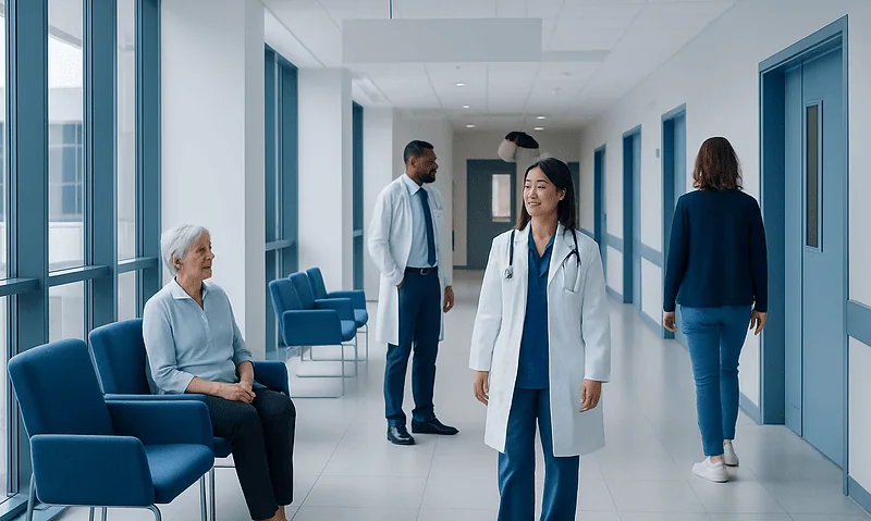 Healthcare professionals and patients in a modern hospital corridor.