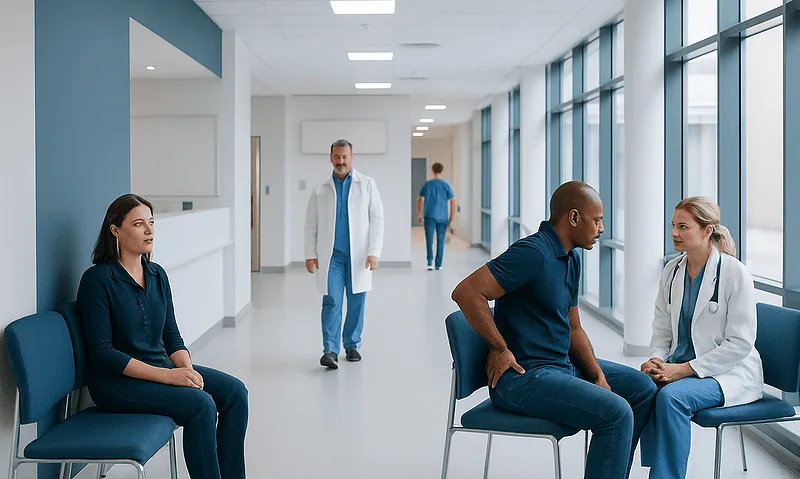 Patients waiting and consulting in a hospital corridor with medical staff present.
