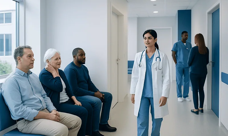 Doctor consulting patients in a hospital corridor.