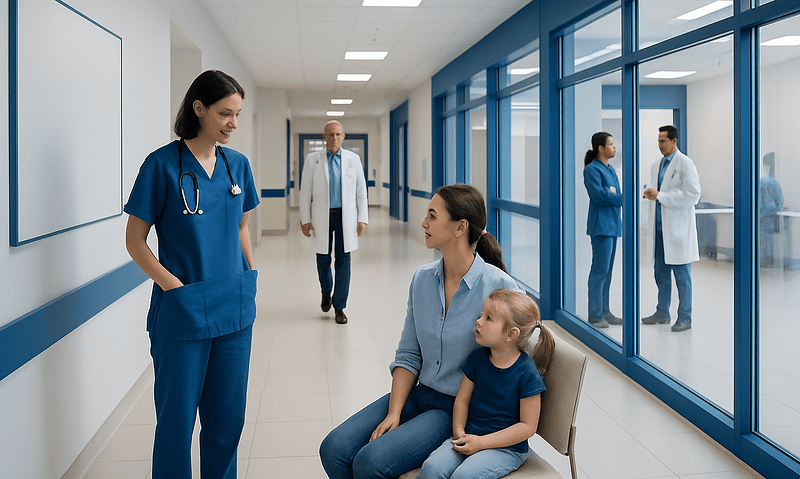 Nurse talking to mother and child in hospital corridor.