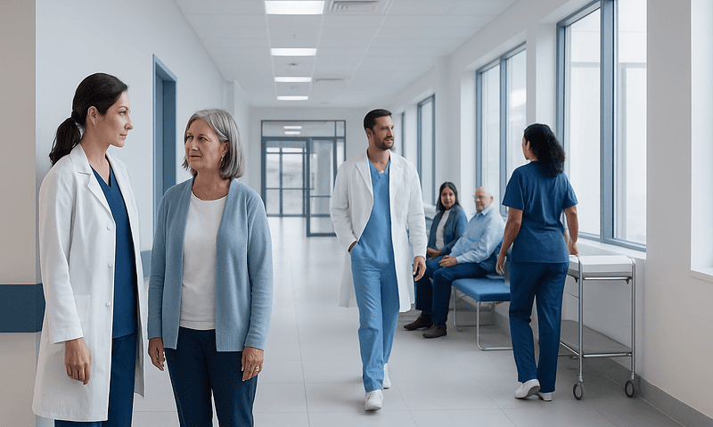 Hospital corridor with medical staff and patients in a modern healthcare facility.