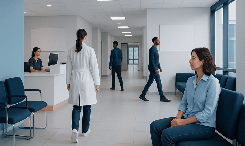 Modern hospital waiting area with patients and staff at Acibadem Hospitals Group.