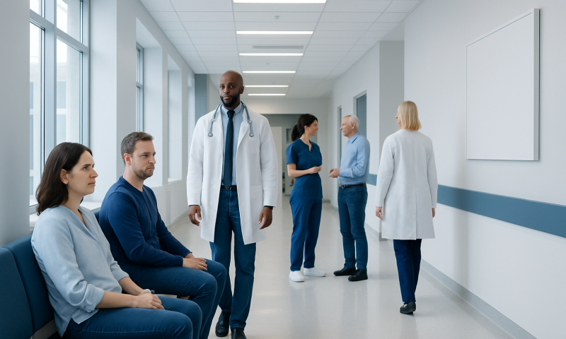 Medical team waiting area at Acibadem Hospitals Group in a modern hospital corridor.
