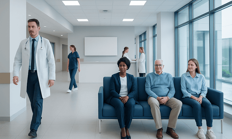 Modern hospital waiting area with patients and medical staff.