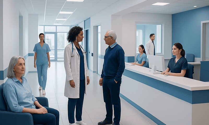 Hospital staff and patient in a modern medical reception area.