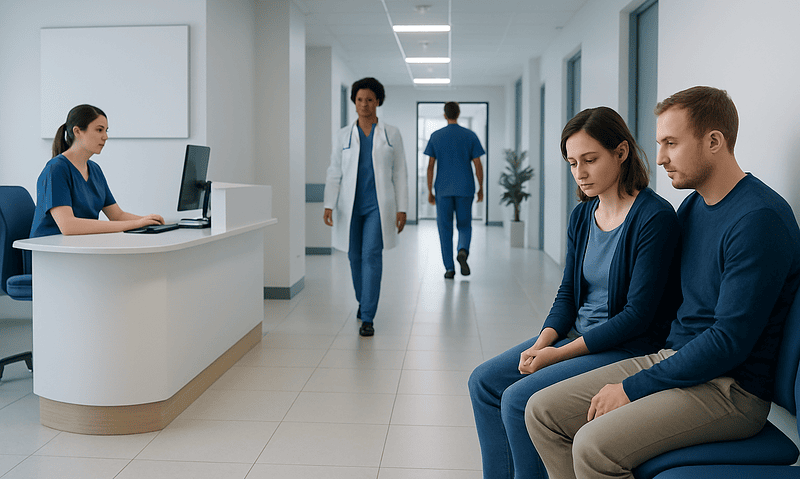 Patients waiting in a hospital corridor at Acibadem Hospitals Group.