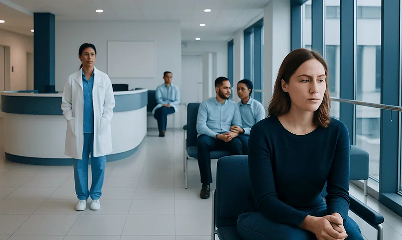Patient waiting in a hospital corridor with medical staff nearby.