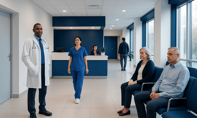 Medical staff and patients in a modern hospital waiting area.
